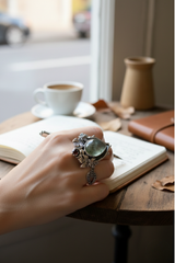 Forest Floor Guardian – Prehnite & Garnet Ring, AR-7678