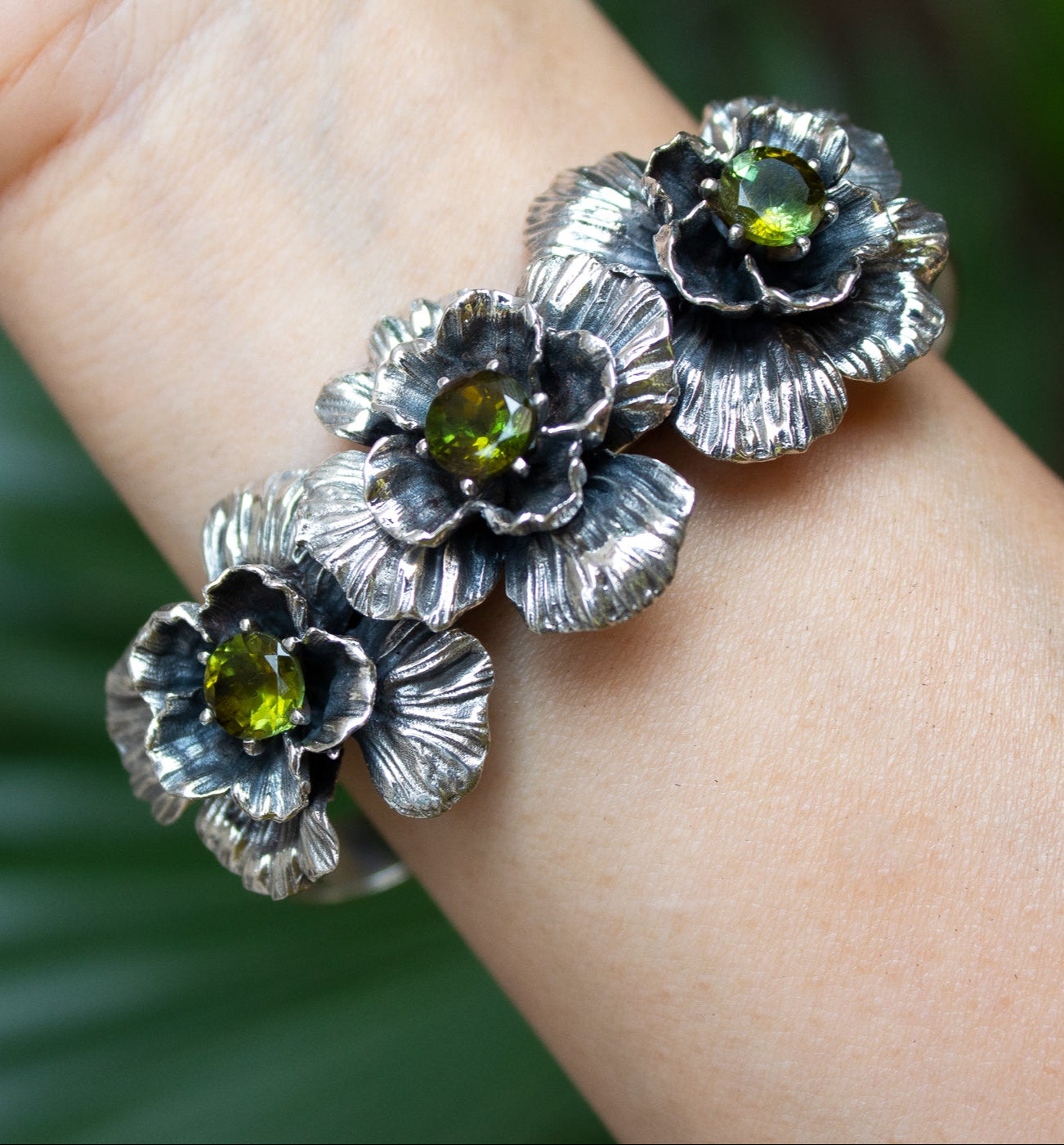 Verdant Blooms: Green Tourmaline Botanical bracelet.