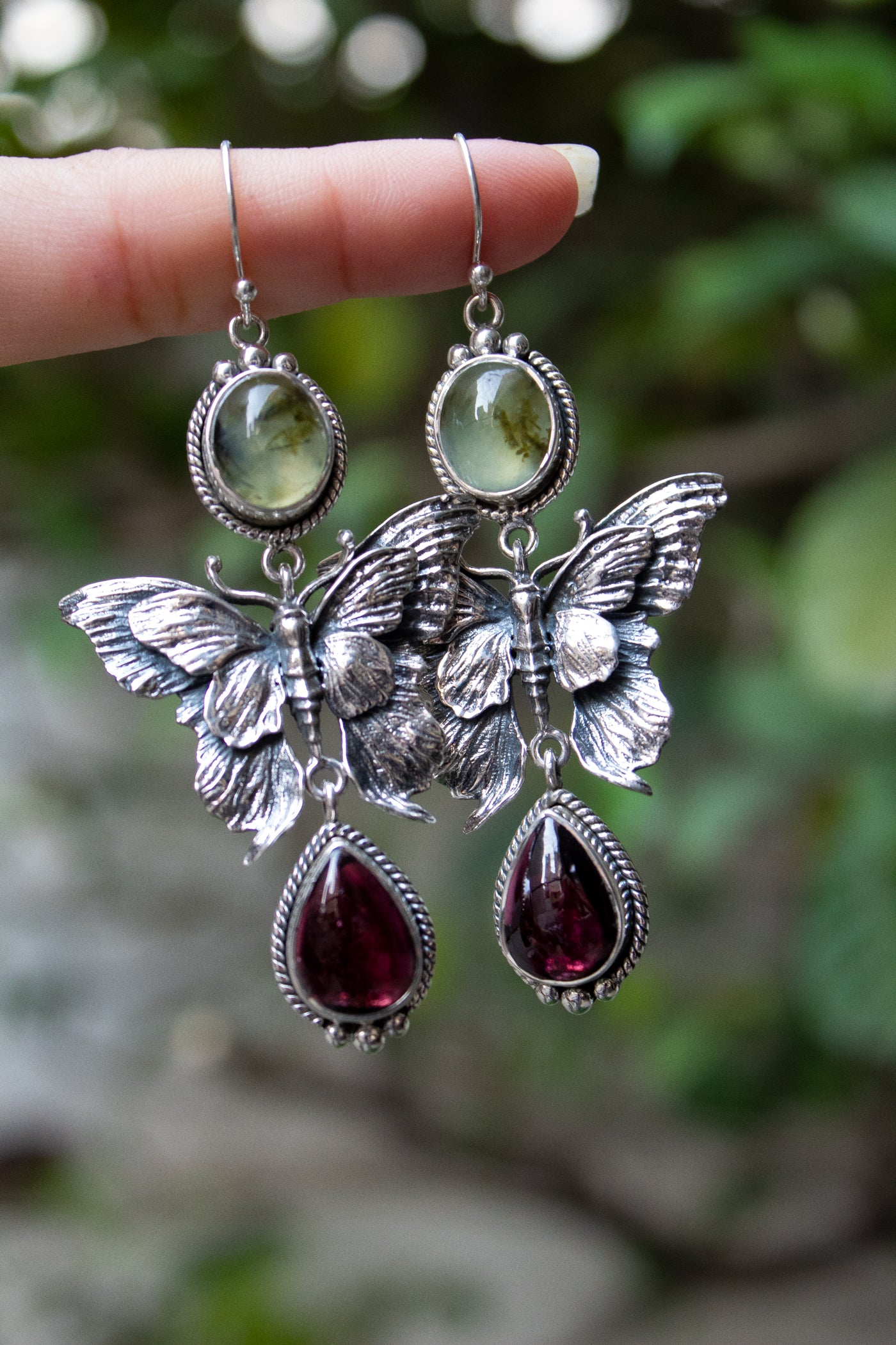 Whispers of Renewal: Prehnite & Garnet Earrings, AE- 7531