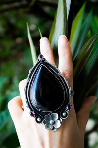 Black Onyx Floral Ring with Amethyst, AR-6764