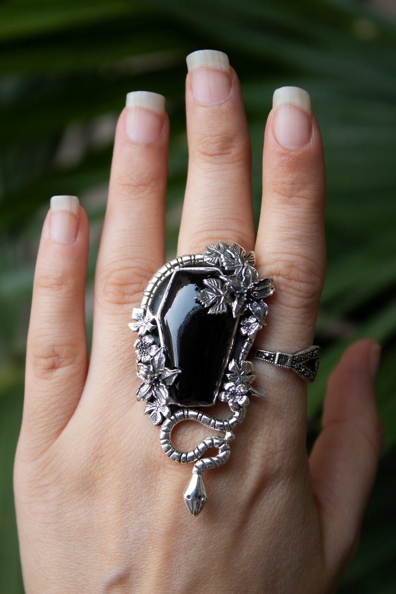 Serpent's Embrace: Black Onyx Coffin Ring, AR-7540
