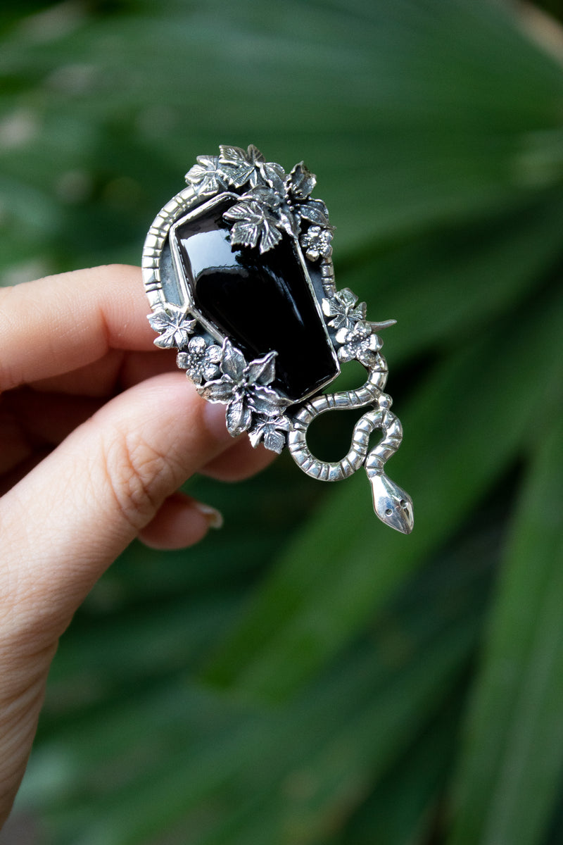 Serpent's Embrace: Black Onyx Coffin Ring, AR-7540