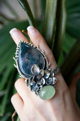 Floral Elegance: Moss Agate & Aquamarine Ring, AR-7570