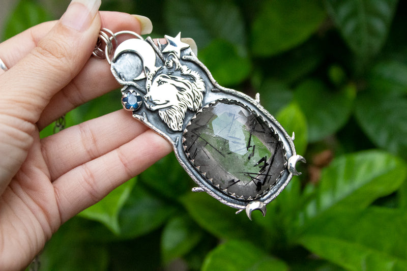 RESERVED*** Black Rutilated Quartz Wolf Pendant, AP- 7137