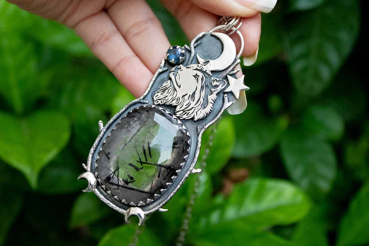 RESERVED*** Black Rutilated Quartz Wolf Pendant, AP- 7137