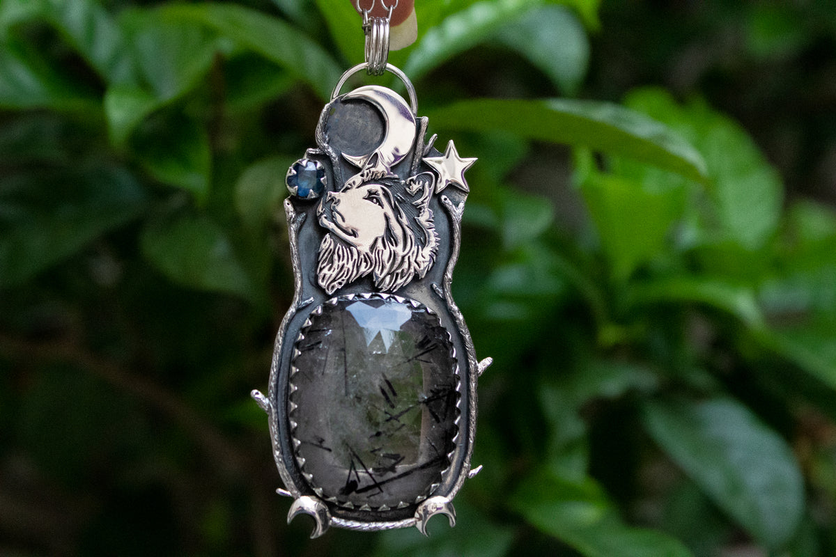 RESERVED*** Black Rutilated Quartz Wolf Pendant, AP- 7137