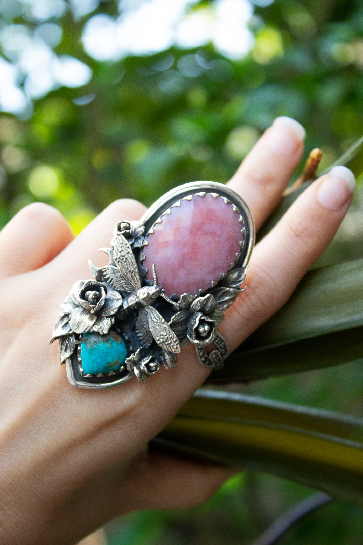 Whispers of Spring: Pink Opal & Turquoise Ring, AR- 7571