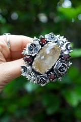Celestial Rose Garden Ring – Rutilated Quartz & Garnet, AR- 7579