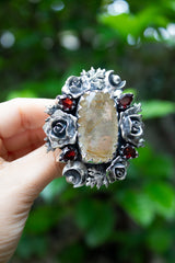Celestial Rose Garden Ring – Rutilated Quartz & Garnet, AR- 7579