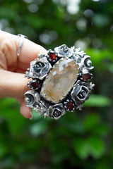 Celestial Rose Garden Ring – Rutilated Quartz & Garnet, AR- 7579
