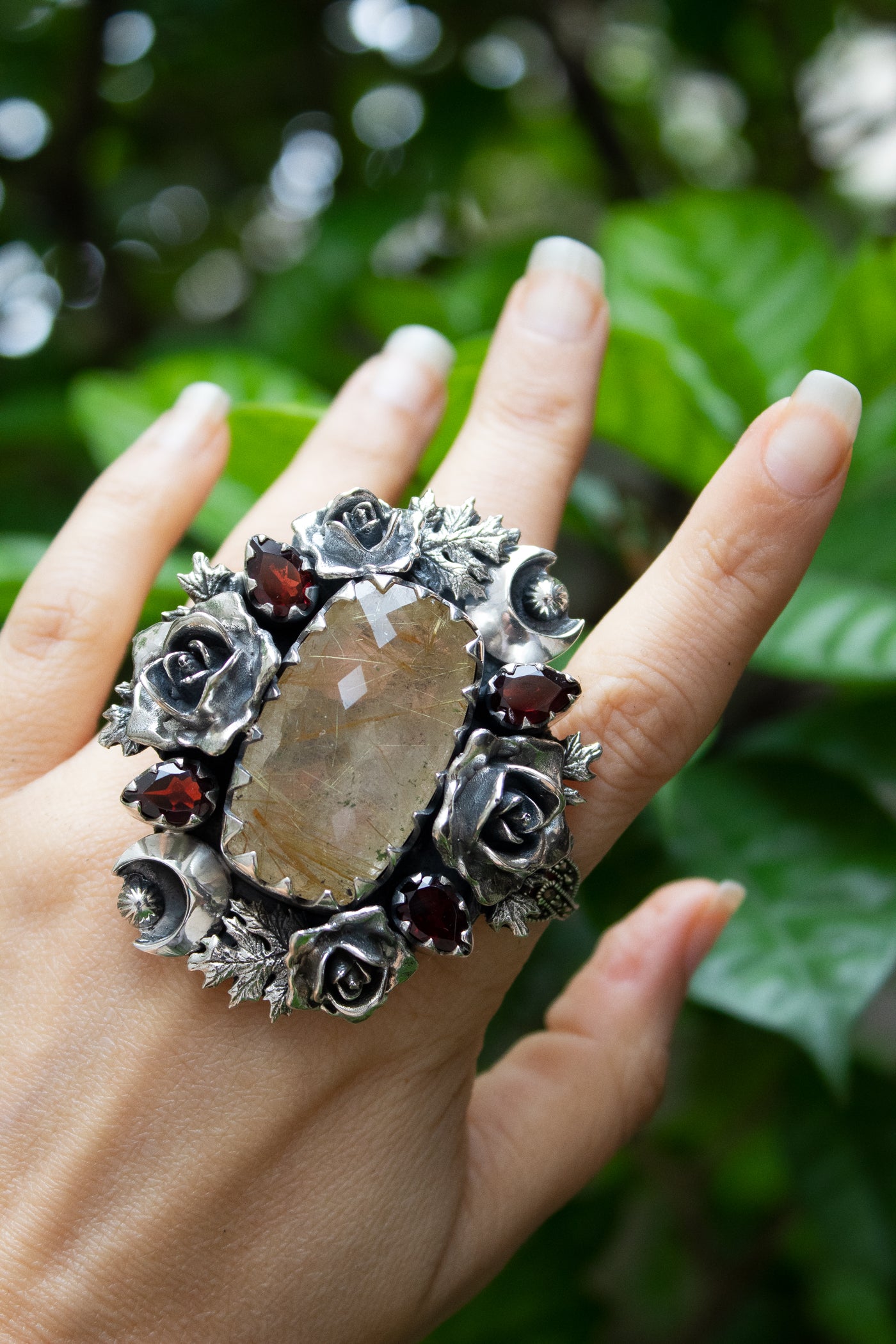 Celestial Rose Garden Ring – Rutilated Quartz & Garnet, AR- 7579