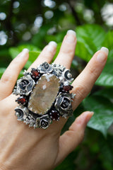 Celestial Rose Garden Ring – Rutilated Quartz & Garnet, AR- 7579