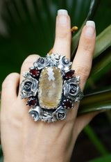 Celestial Rose Garden Ring – Rutilated Quartz & Garnet, AR- 7579