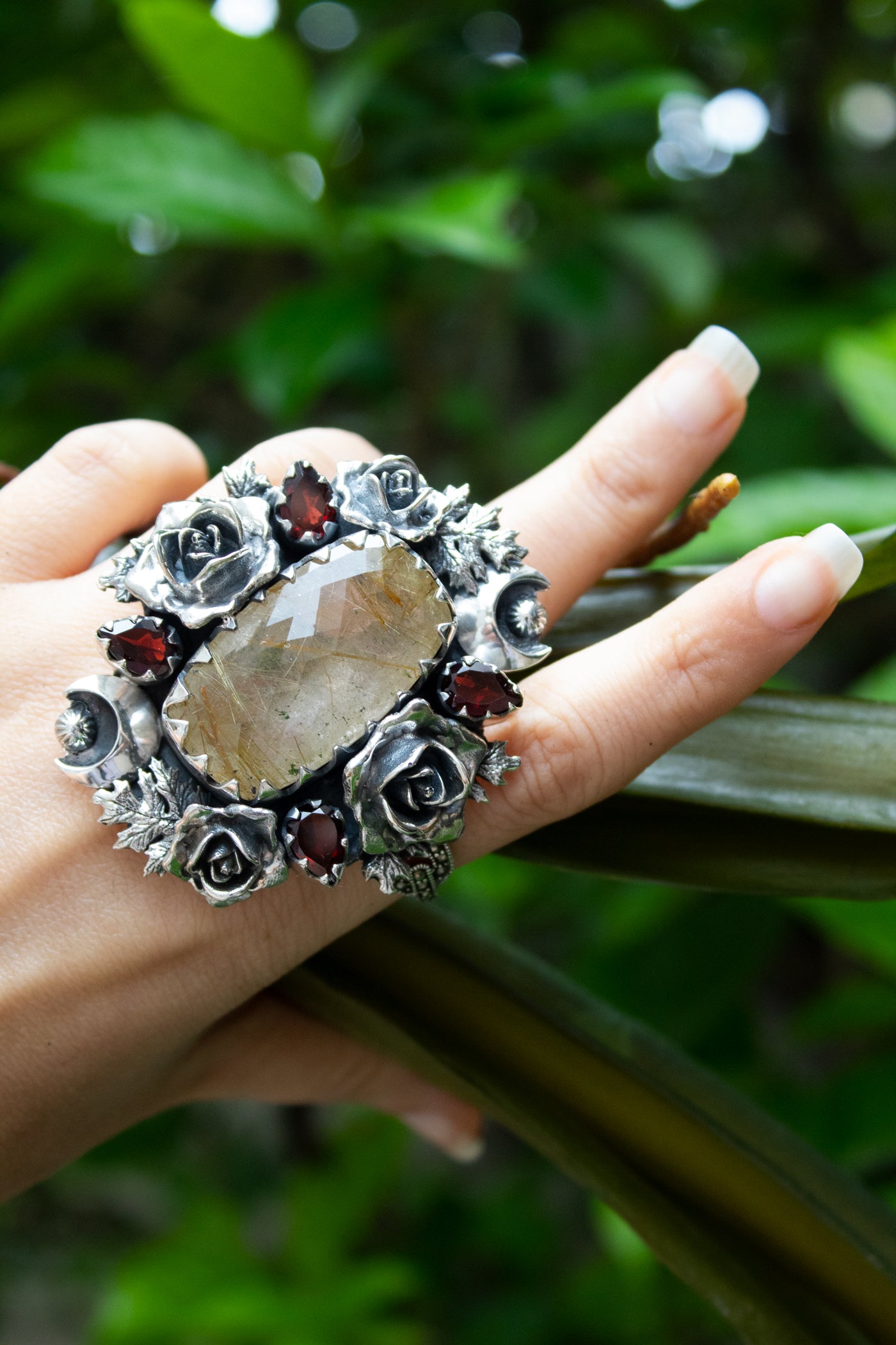 Celestial Rose Garden Ring – Rutilated Quartz & Garnet, AR- 7579
