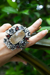 Celestial Rose Garden Ring – Rutilated Quartz & Garnet, AR- 7579