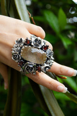 Celestial Rose Garden Ring – Rutilated Quartz & Garnet, AR- 7579