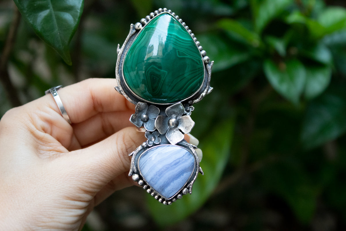 Malachite And Blue Lace Agate Ring, Long Ring, AR-6816
