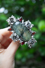 Thorns of the Heart" — Prehnite & Garnet Rose Ring, AR- 7587