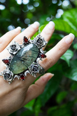 Thorns of the Heart" — Prehnite & Garnet Rose Ring, AR- 7587