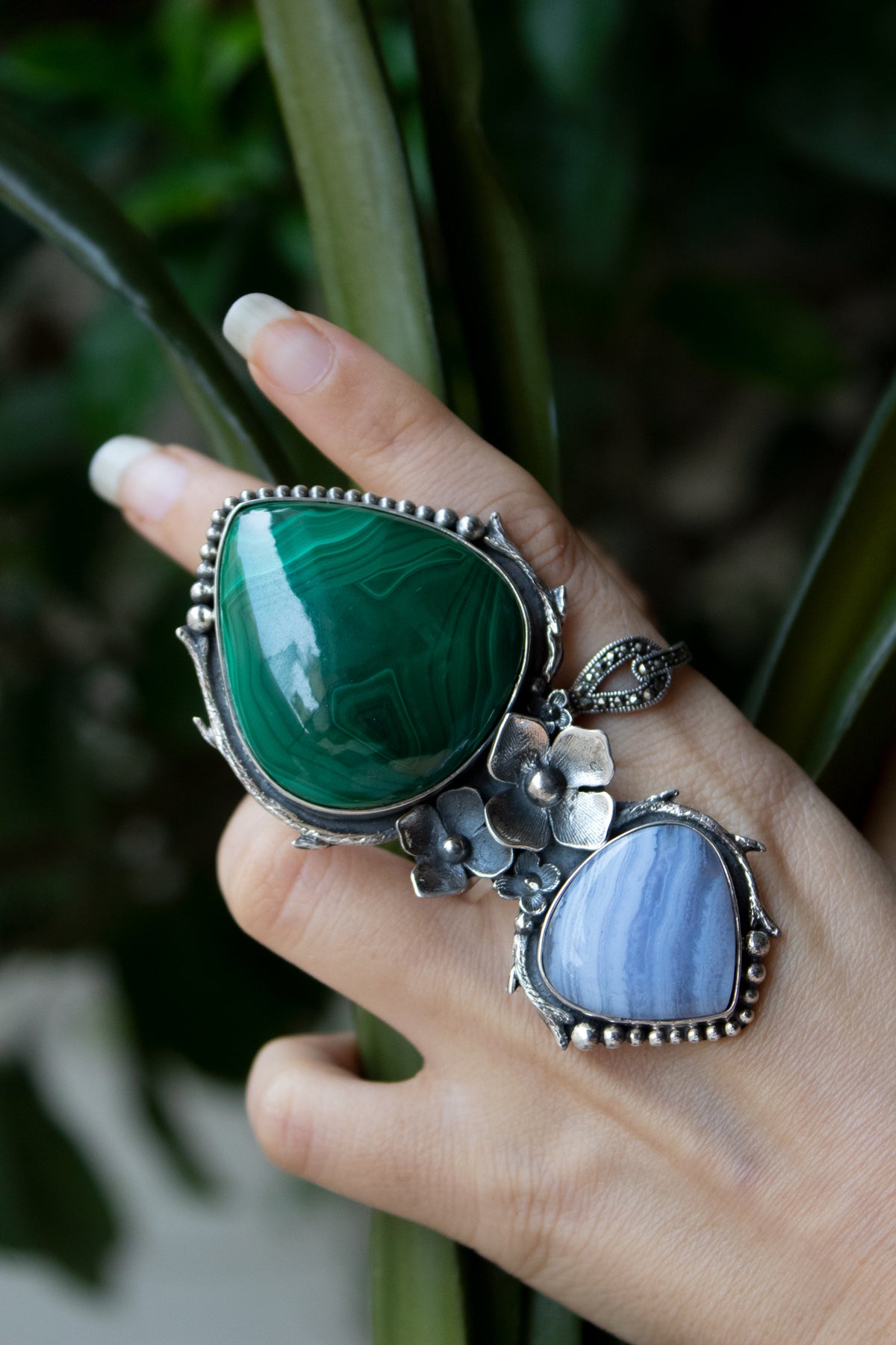 Malachite And Blue Lace Agate Ring, Long Ring, AR-6816