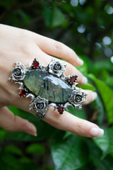 Thorns of the Heart" — Prehnite & Garnet Rose Ring, AR- 7587