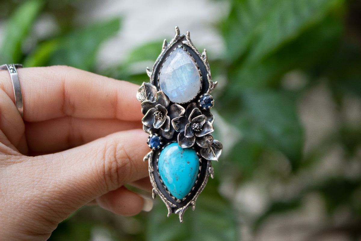 Artisan's Embrace: Moonstone & Turquoise Ring, AR-7163