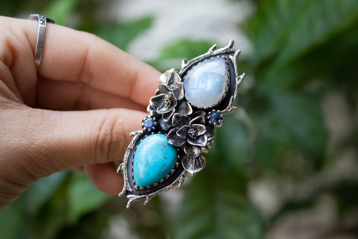 Artisan's Embrace: Moonstone & Turquoise Ring, AR-7163