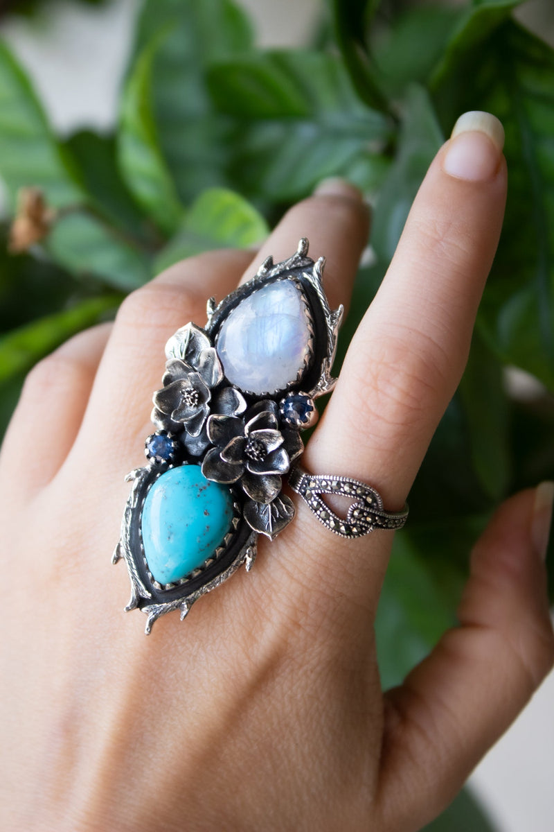 Artisan's Embrace: Moonstone & Turquoise Ring, AR-7163