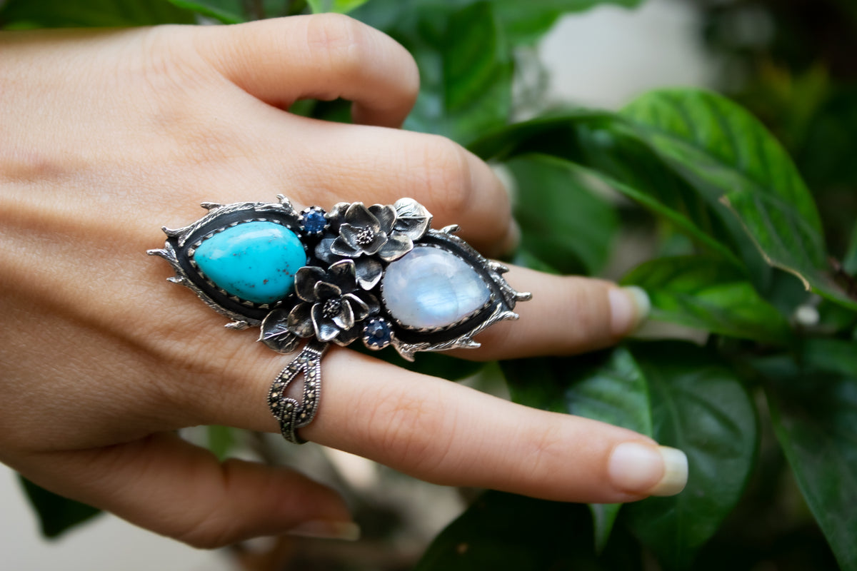 Artisan's Embrace: Moonstone & Turquoise Ring, AR-7163