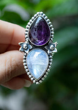 Moonstone & Amethyst Ring, Floral Ring, AR-6813