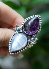 Moonstone & Amethyst Ring, Floral Ring, AR-6813