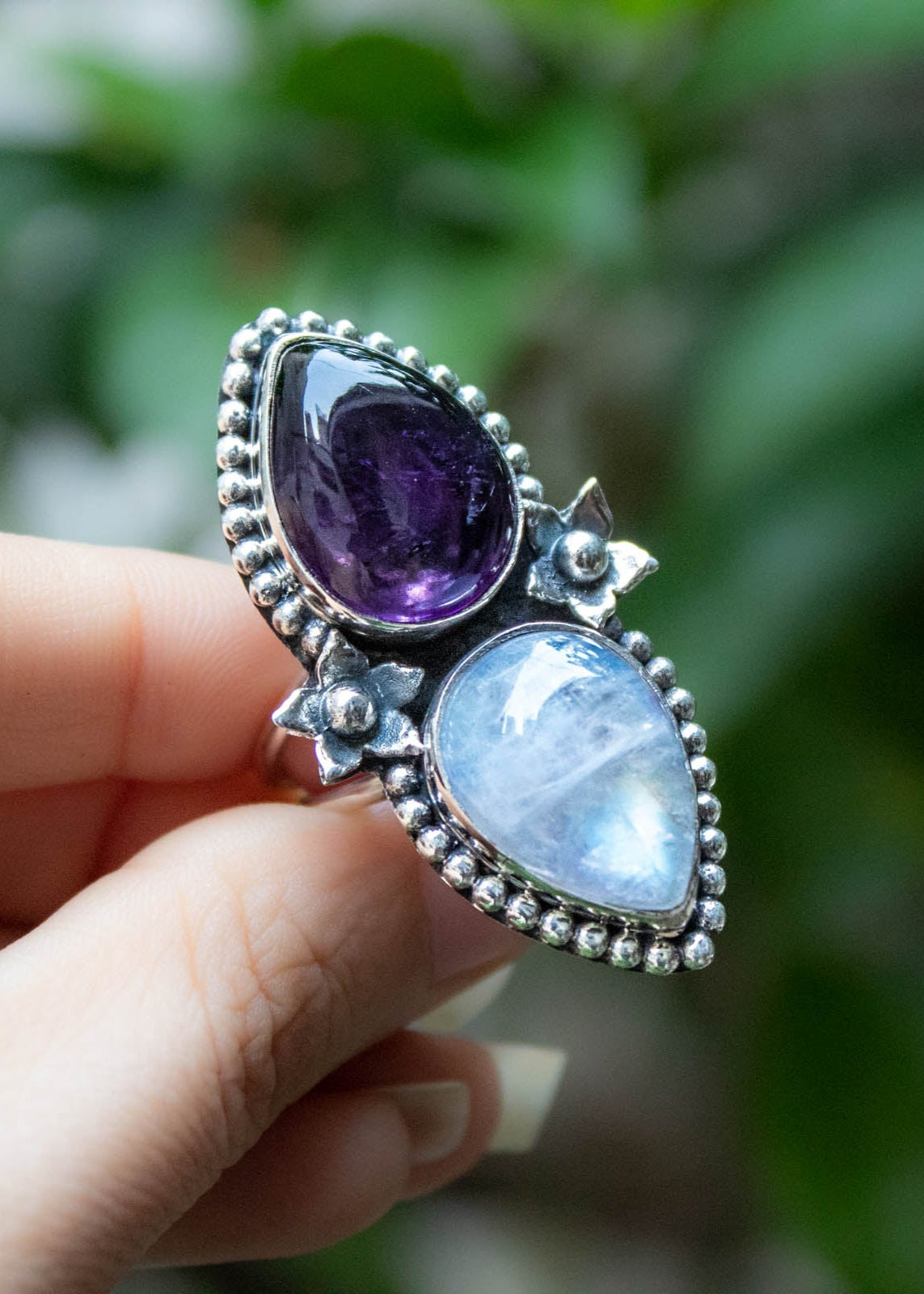 Moonstone & Amethyst Ring, Floral Ring, AR-6813