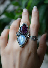 Moonstone & Amethyst Ring, Floral Ring, AR-6813