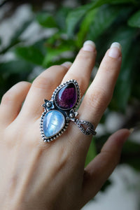 Moonstone & Amethyst Ring, Floral Ring, AR-6813