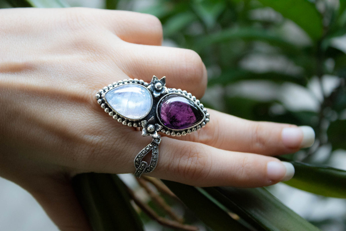 Moonstone & Amethyst Ring, Floral Ring, AR-6813