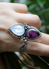 Moonstone & Amethyst Ring, Floral Ring, AR-6813