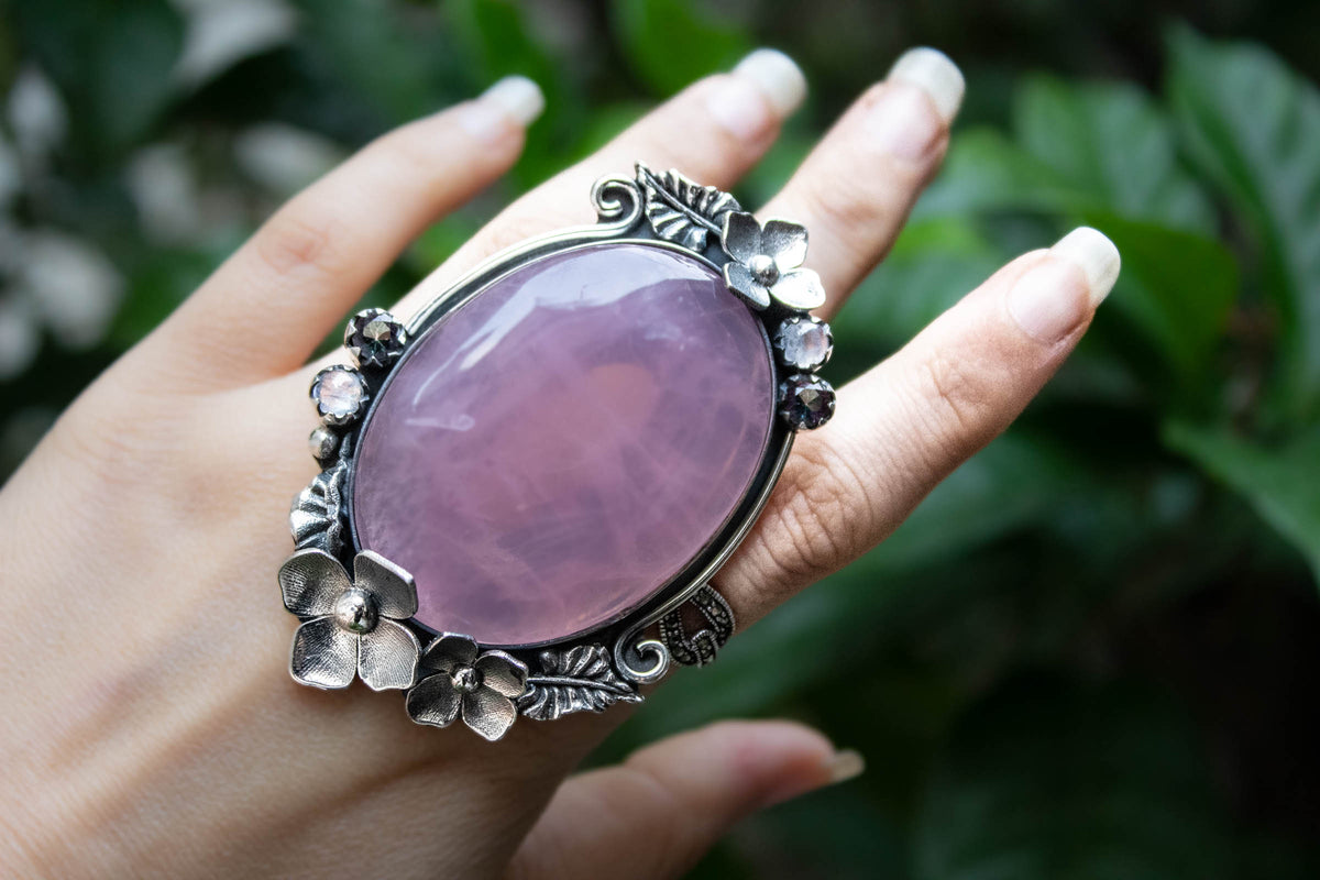 Rose Quartz Ring, Statement Ooak Ring, AR-6812