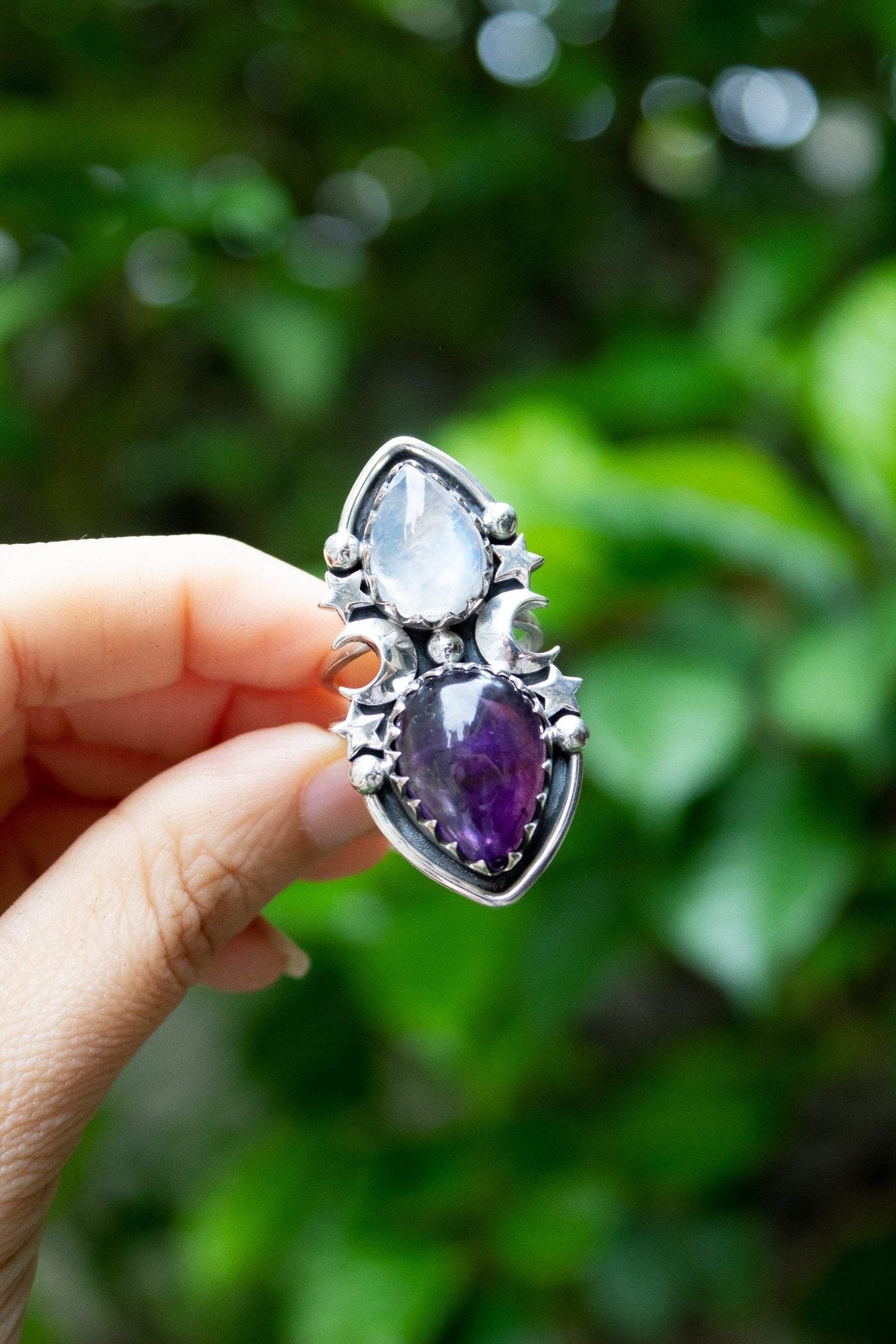 Celestia’s Veil – Moonstone & Amethyst Celestial Ring, AR-7593