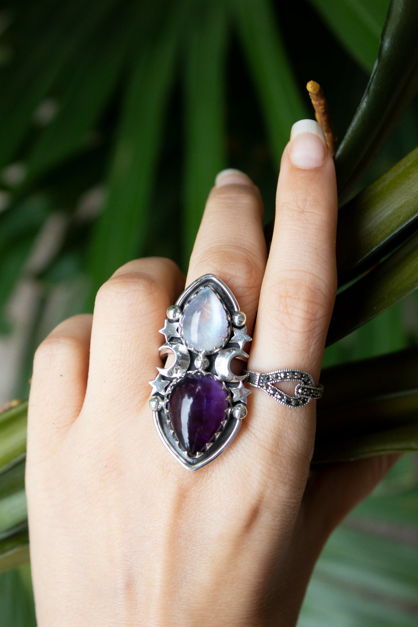 Celestia’s Veil – Moonstone & Amethyst Celestial Ring, AR-7593