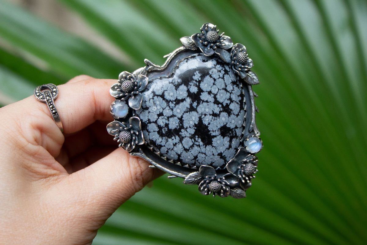 Snowflake Obsidian Blossom Heart Ring, AR-7166