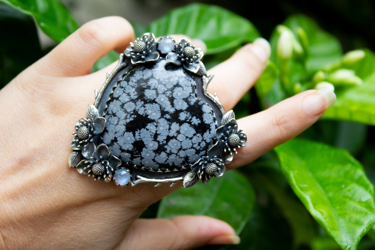 Snowflake Obsidian Blossom Heart Ring, AR-7166