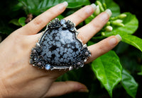 Snowflake Obsidian Blossom Heart Ring, AR-7166