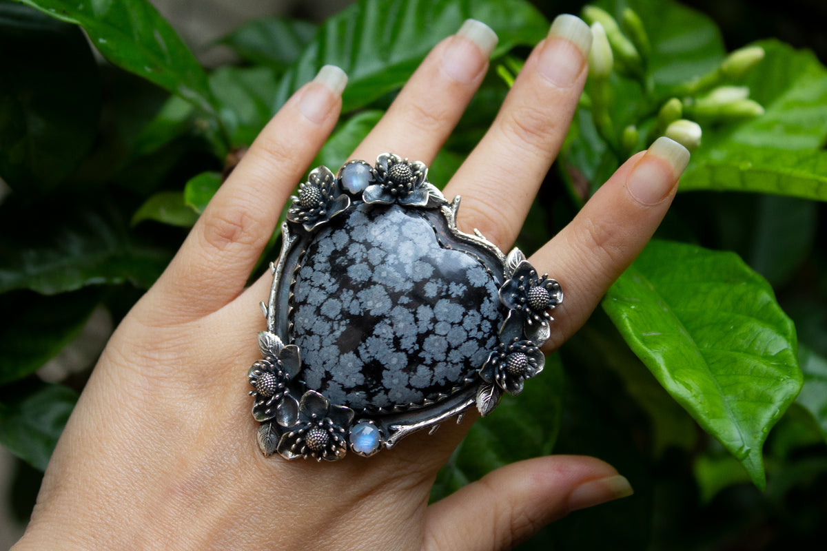 Snowflake Obsidian Blossom Heart Ring, AR-7166