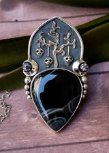 Black Agate Pendant with Tree & Skulls, AP-6823