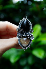 Bloom of Eclipse: Black Onyx & Golden Rutile Ring, AR-7617