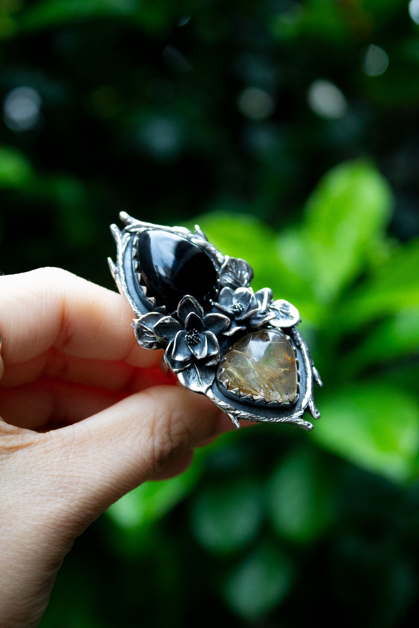 Bloom of Eclipse: Black Onyx & Golden Rutile Ring, AR-7617