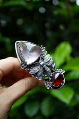 Wings of Dawn: Rose Quartz, Garnet & Tourmaline Ring, AR-7605