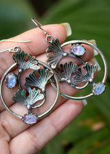 Moonstone Hoop Earrings with Ginkgo Leaves, AE-6828