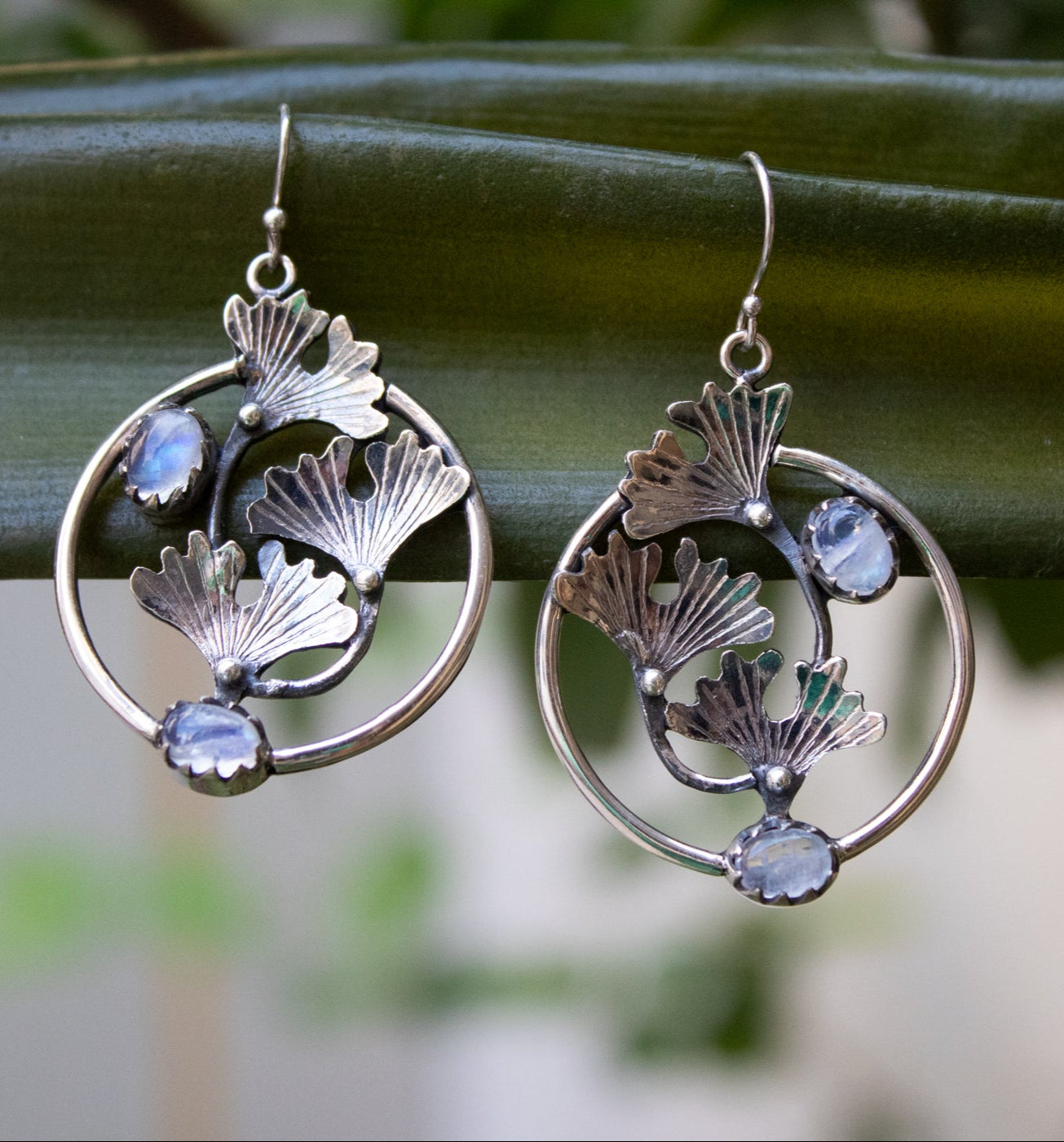 Moonstone Hoop Earrings with Ginkgo Leaves, AE-6828