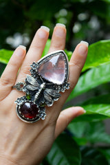 Wings of Dawn: Rose Quartz, Garnet & Tourmaline Ring, AR-7605